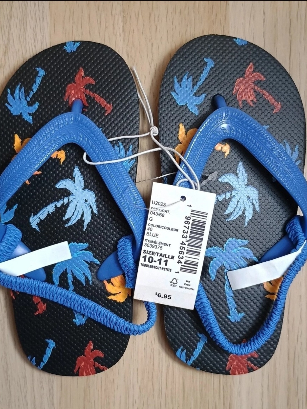 Kids Blue Palm-Print Flip Flops - Size 10-11